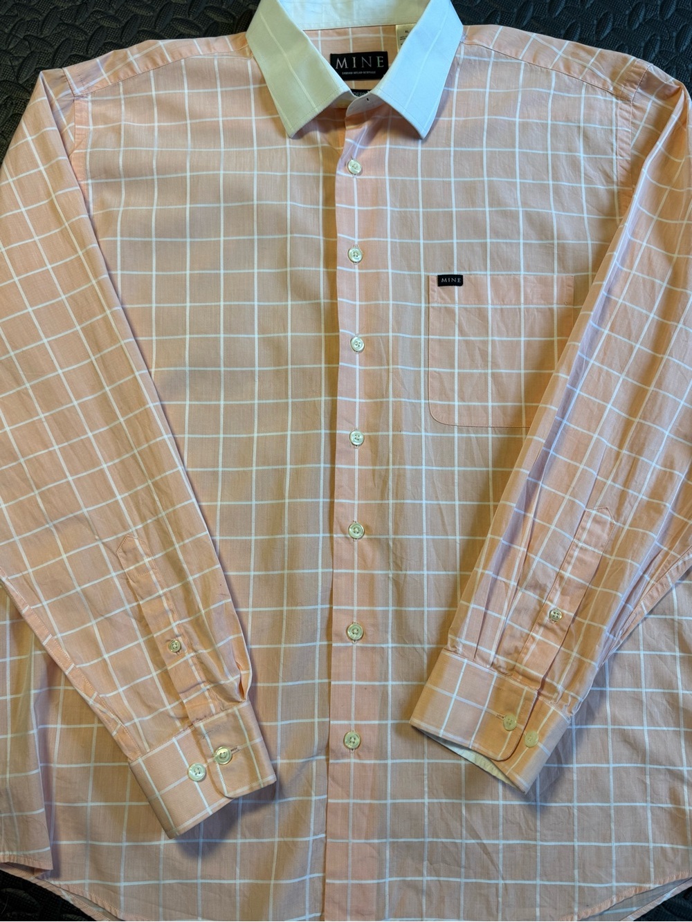 MINE Peach Windowpane Cotton Dress Shirt with White Contrast Collar Size XL